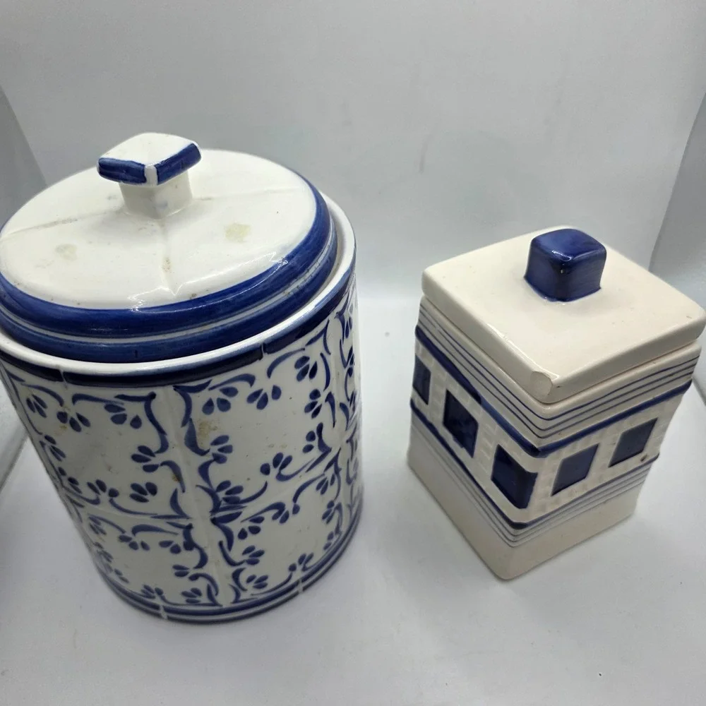 Blue and White Ceramic Canister Set Floral Geometric Vintage Storage Jars